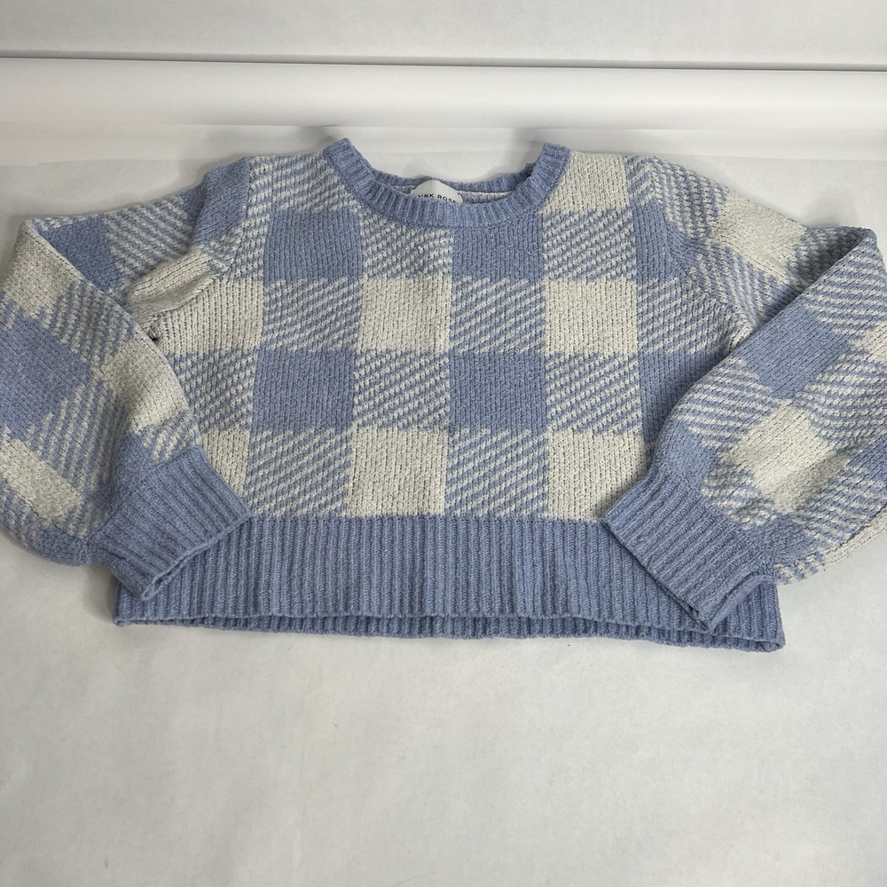 Pink Rose Women's Sweater Cream Blue Plaid Gingham Check Cropped Crop Balloon